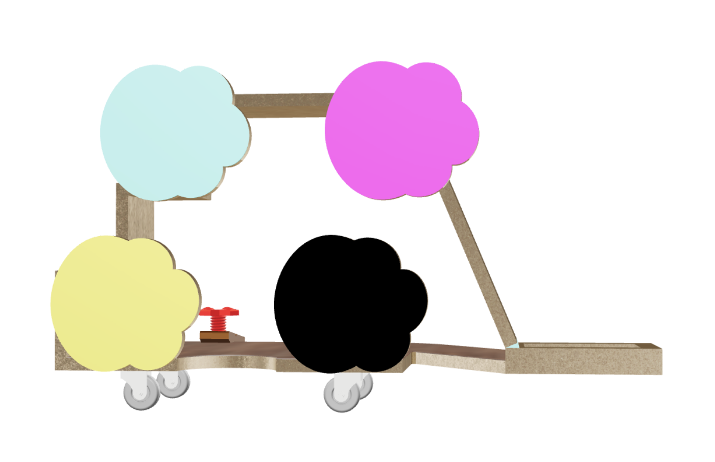 Digital version of Low wheeled sculpture with four black flower-shaped wheels and a sloping gray ramp edged in bright yellow, resembling a hybrid playground structure and vehicle.